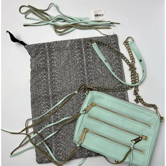 Rebecca Minkoff Crossbody Mini Bag Leather Purse Studded 5 Zip Mint Clutch Tote - Picture 2 of 16